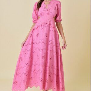 Pink V-Neck Puff Sleeve Eyelet Maxi Dress - Fore Collection